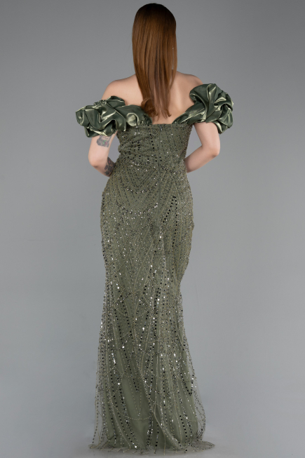 Olive Drab Stoned Strapless Sleeve Accessories Long Mermaid Evening Gown ABU4509