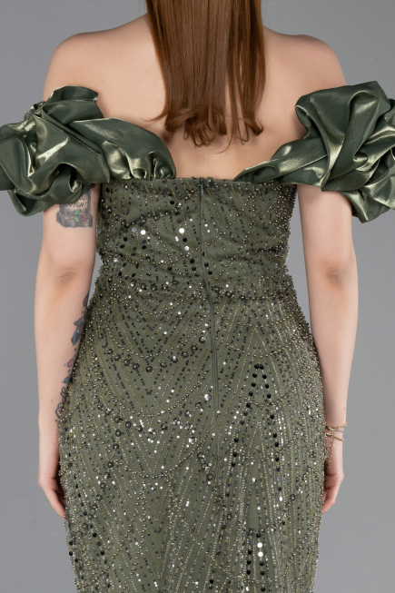 Olive Drab Stoned Strapless Sleeve Accessories Long Mermaid Evening Gown ABU4509