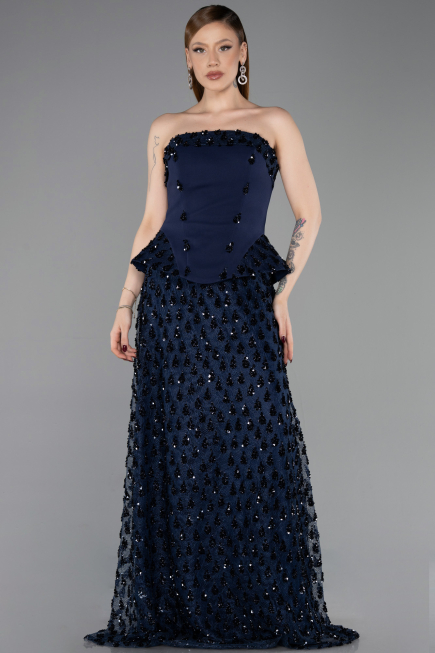 Long Navy Blue Scaly Evening Dress ABU6124