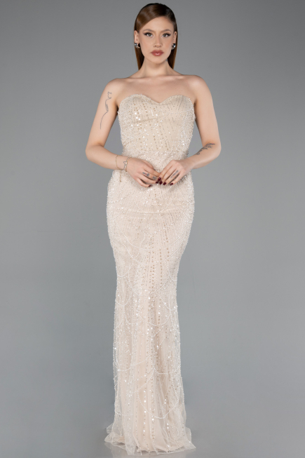 Gold Strapless Shawl Stoned Long Evening Gown ABU4517