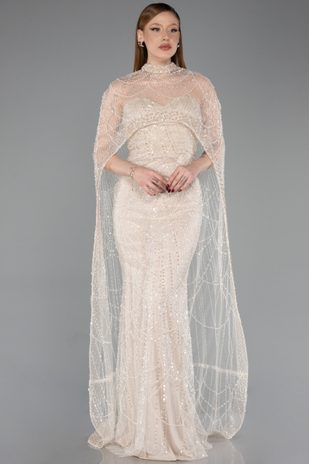 Gold Strapless Shawl Stoned Long Evening Gown ABU4517