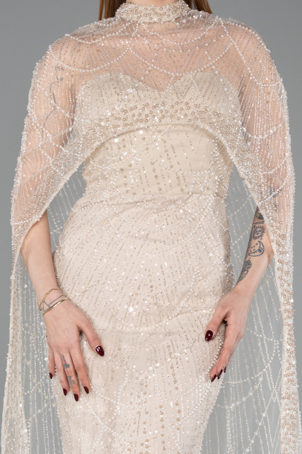 Gold Strapless Shawl Stoned Long Evening Gown ABU4517
