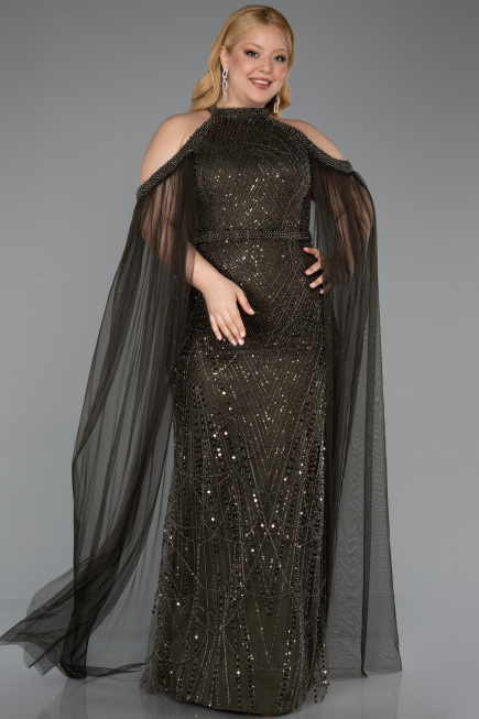 Long Olive Drab Beaded Plus Size Evening Dress ABU6118