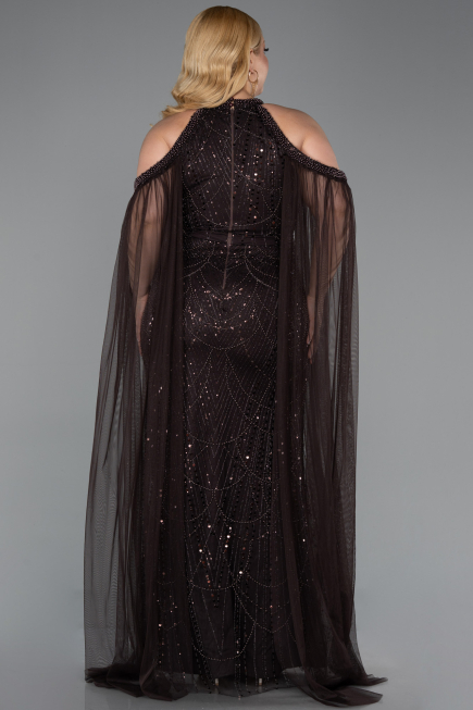 Long Brown Beaded Plus Size Evening Dress ABU6118