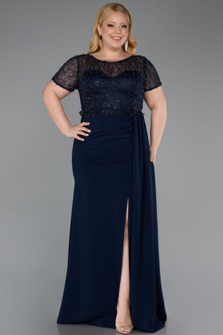 Long Navy Blue Dantelle Plus Size Evening Dress ABU6102
