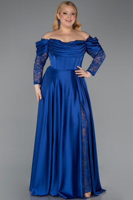Sax Blue Long Satin Formal Plus Size Dress ABU5261