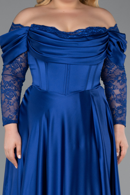 Sax Blue Long Satin Formal Plus Size Dress ABU5261