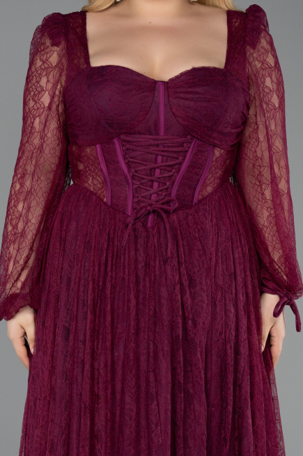 Long Cherry Colored Dantelle Formal Plus Size Dress ABU6131