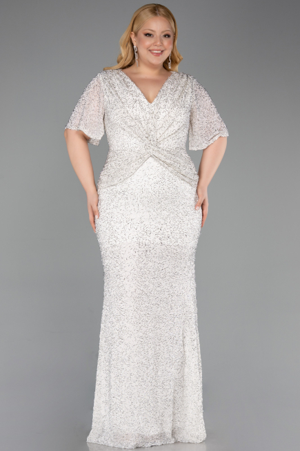 Long Beige Beaded Plus Size Evening Gown ABU6129