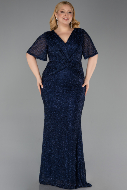 Long Navy Blue Beaded Plus Size Evening Gown ABU6129