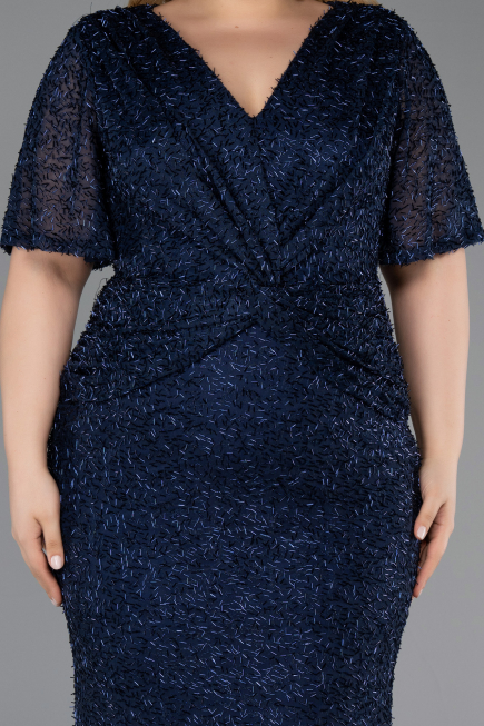 Long Navy Blue Beaded Plus Size Evening Gown ABU6129