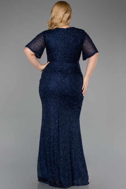 Long Navy Blue Beaded Plus Size Evening Gown ABU6129