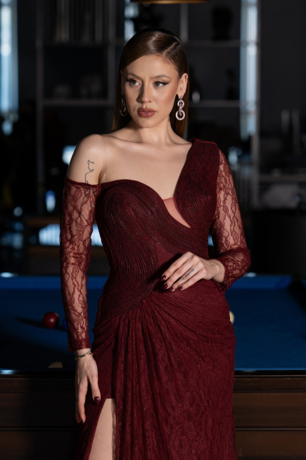 Burgundy Long Dantelle Evening Dress ABU5618