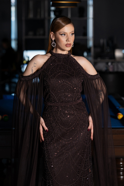 Long Brown Beaded Plus Size Evening Dress ABU6118