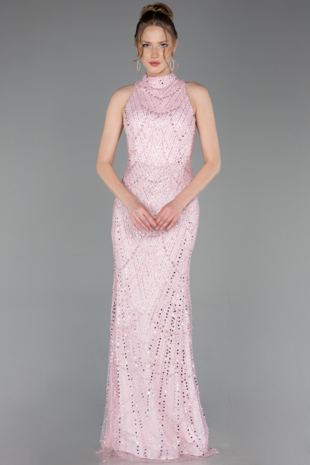 Powder Color Halter Neck Long Beaded Mermaid Evening Gown ABU4791
