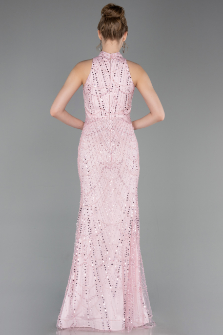 Powder Color Halter Neck Long Beaded Mermaid Evening Gown ABU4791