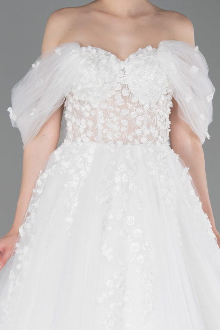 White Floral Boat Neck Glitter Long Wedding Dress ABG100