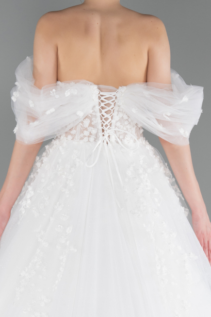 White Floral Boat Neck Glitter Long Wedding Dress ABG100