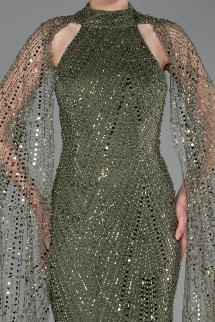 Long Olive Drab Beaded Evening Dress ABU6154