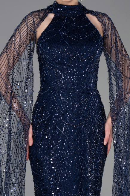 Long Navy Blue Beaded Evening Dress ABU6154