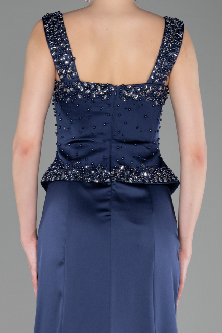 Long Navy Blue Satin Mermaid Prom Dress ABU6155