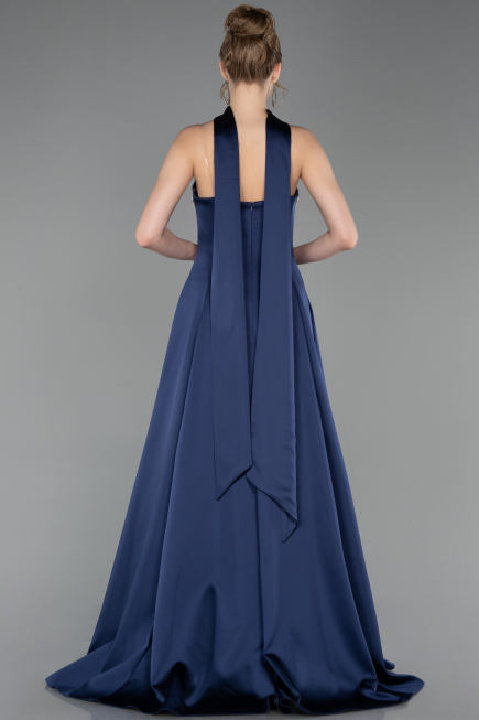 Long Navy Blue Satin Evening Dress ABU6156