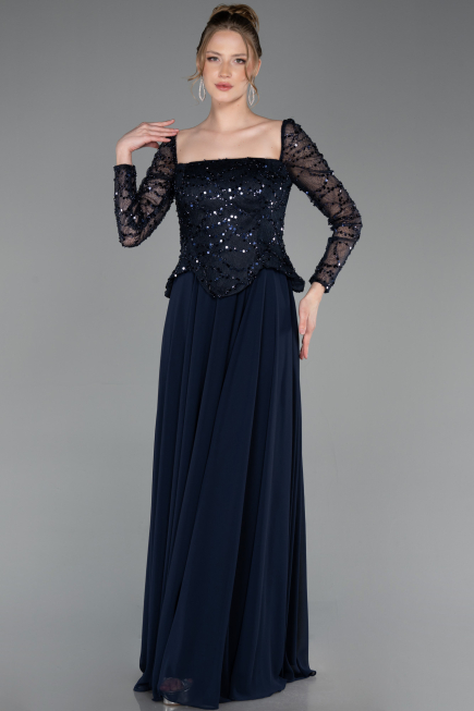 Long Navy Blue Chiffon Evening Dress ABU6157