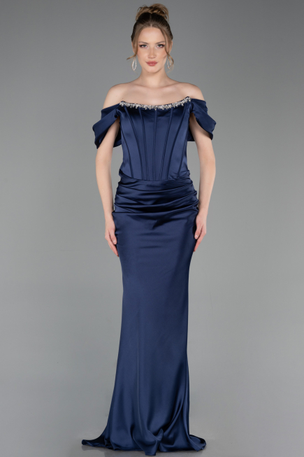 Long Navy Blue Satin Mermaid Prom Dress ABU6090