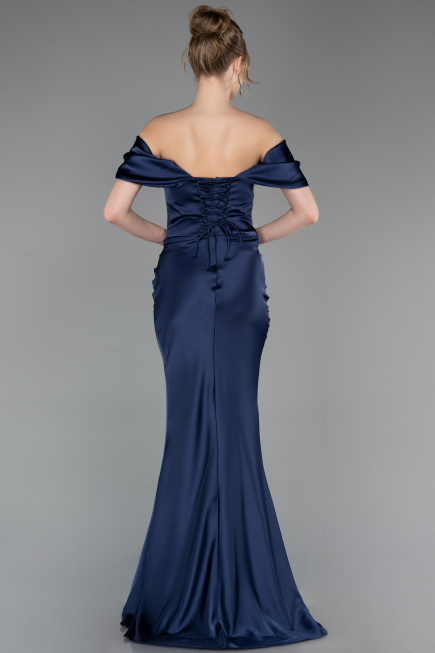 Long Navy Blue Satin Mermaid Prom Dress ABU6090