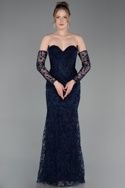 Long Navy Blue Laced Evening Dress ABU6159