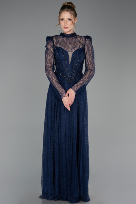 Long Navy Blue Dantelle Prom Gown ABU6160