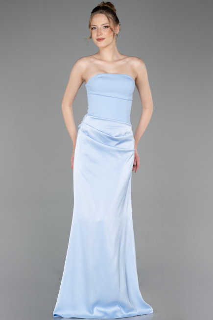 Long Light Blue Satin Prom Gown ABU6096