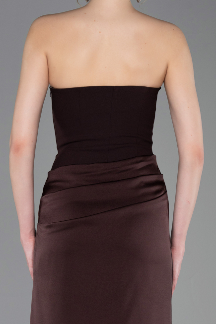 Long Dark Brown Satin Prom Gown ABU6096
