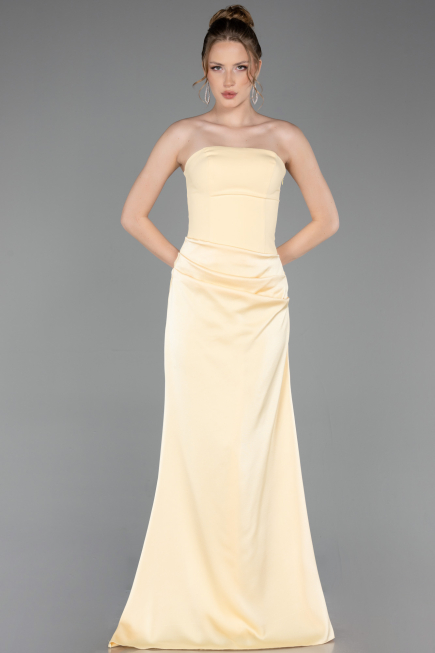 Long Yellow Satin Prom Gown ABU6096