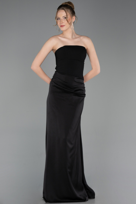 Long Black Satin Prom Gown ABU6096