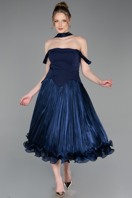 Midi Navy Blue Chiffon Cocktail Dress ABK2619