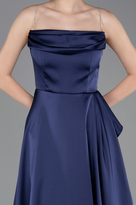 Long Navy Blue Satin Prom Gown ABU6130