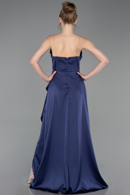 Long Navy Blue Satin Prom Gown ABU6130