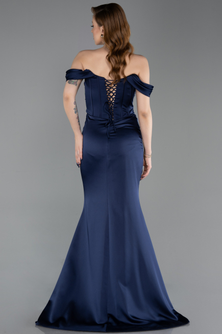 Long Navy Blue Satin Mermaid Prom Dress ABU6166