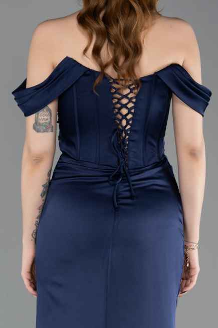 Long Navy Blue Satin Mermaid Prom Dress ABU6166