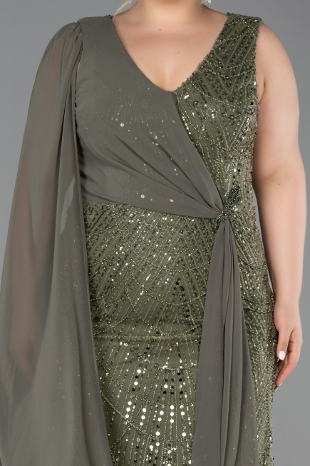 Long Olive Drab Beaded Plus Size Evening Gown ABU6133