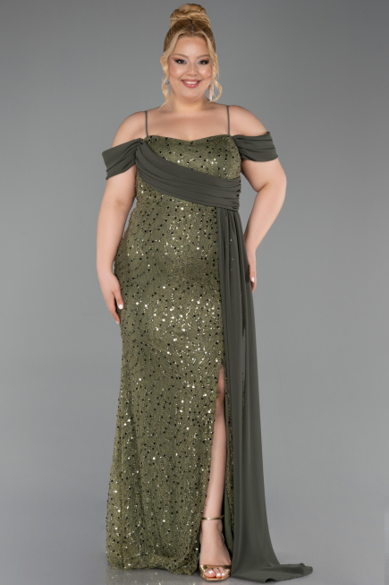 Long Olive Drab Scaly Plus Size Evening Gown ABU6134