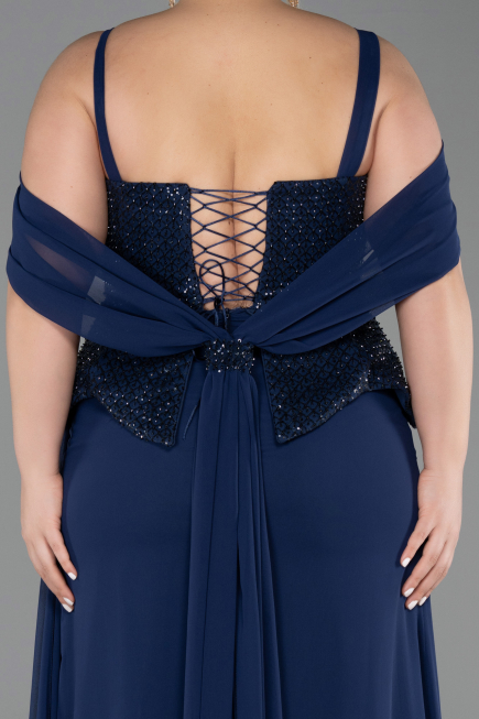 Long Navy Blue Chiffon Plus Size Evening Dress ABU6184
