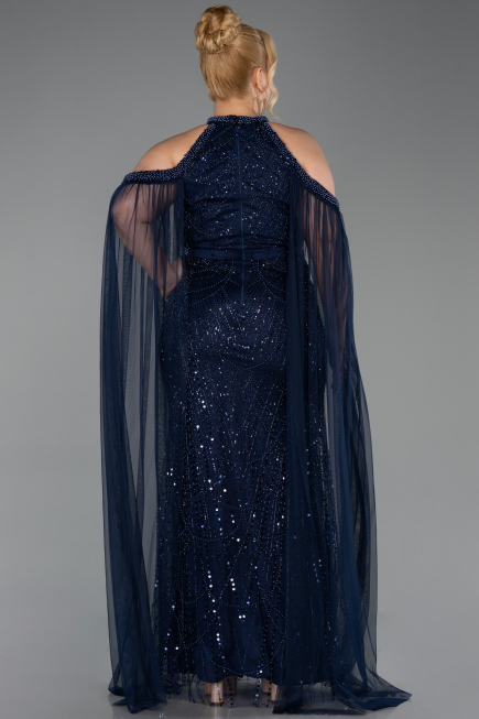 Long Navy Blue Beaded Plus Size Evening Dress ABU6118
