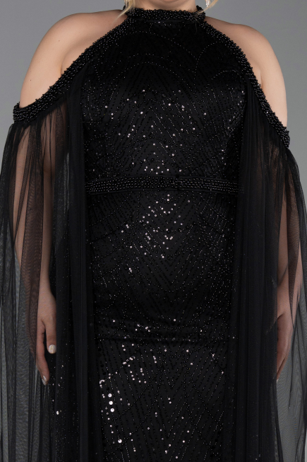 Long Black Beaded Plus Size Evening Dress ABU6118