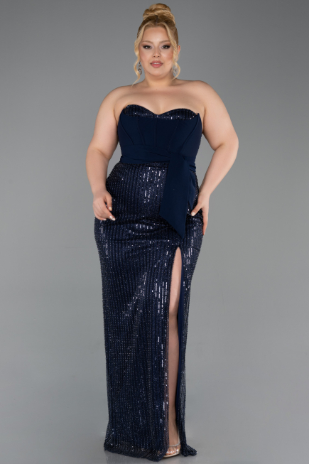 Long Navy Blue Beaded Plus Size Evening Dress ABU5989