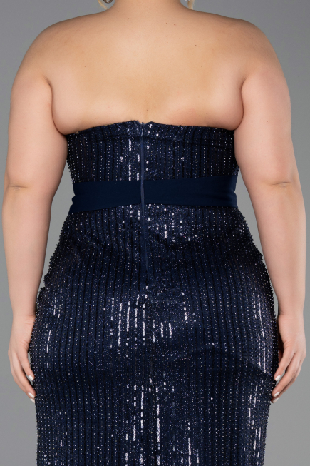 Long Navy Blue Beaded Plus Size Evening Dress ABU5989