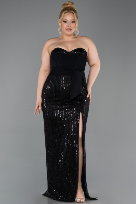 Long Black Beaded Plus Size Evening Dress ABU5989