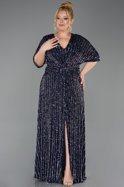 Navy Blue Long Scaly Plus Size Evening Gown ABU5846
