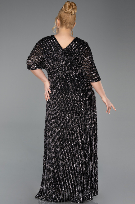 Black-Silver Long Scaly Plus Size Evening Gown ABU5846